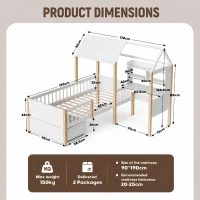 Modern House-Shaped Kids Bed Frame with L-Shaped Desk, Solid Wood Loft Bed with Roomy Rolling Drawers, 195L x 90W x 164.5H cm, White(m-3)