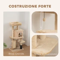PawHut Albero per Gatti Multilivello Alto 132 cm con Casetta, Lettino, Pali Tiragraffi, Spazzola e Pallina, Beige(m-17)