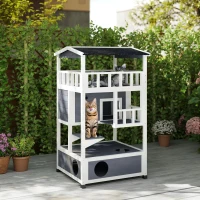 PawHut Caseta para Gatos de Madera 75,5x75x137 cm con Techo Asfáltico Plataformas para Interior y Exterior Gris(m-10)