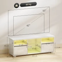 HOMCOM Meuble TV 120 cm, meuble télé pour téléviseur jusqu'à 55 pouces éclairage LED et télécommande étagères en verre blanc(m-3)