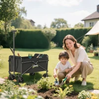 Outsunny 62L Festival Trolley on Wheels, Portable Small Folding Trolley Cart, 60kg Heavy Duty Collapsible Foldable Wagon with Adjustable Handle and Carrying Bag for Beach, Camping, Garden, Black(m-10)