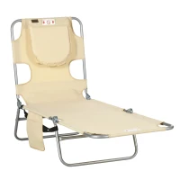 Outsunny Foldable Sun Lounger, Beach Chaise Lounge with Reading Hole, Arm Slots, 5-Position Adjustable Backrest, Side Pocket, Pillow for Garden, Beach, Camping, Beige(m-10)