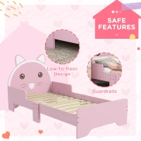 ZONEKIZ Bed for Kids Cat Design Toddler Bed Frame Bedroom Furniture with Guardrails, for 3-6 Years, 143L x 74W x 72Hcm - Pink(m-5)