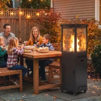 Outsunny Estufa de Gas para Terraza 13 kW con Encendido Piezoeléctrico Antivuelco 4 Ruedas Vidrio Templado Piedras de Lava Negro(m-2)