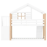 Modern Minimalist Kids Bunk Bed with Slide and Storage Stairs, Solid Wood House Bed for Siblings and Sleepovers, 194L x 90W x 206H cm, White(m-12)