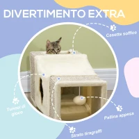 PawHut Tunnel per Gatti Pieghevole con Casette, Tiragraffi e Pallina in Peluche e Sisal, Crema(m-5)