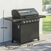 Outsunny 6+1 Burner Gas BBQ Grill, Outdoor Barbecue Trolley with Wheels, Warming Rack, Thermometer, Bottle Opener, Black(m-3)