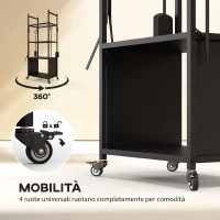 Outsunny Porta Legna per Interni ed Esterni con Ruote e 4 Utensili, Pala, Attizzatoio, Spazzola e Pinze, Legnaia in Metallo, 45x30x118 cm, Nero(m-5)