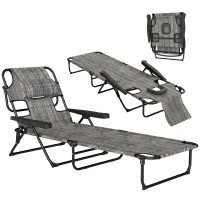 Outsunny Chaise longue de jardin pliante dossier réglable sur 4 niveaux, trou de lecture et appui-tête 72L x 194l x 31H cm Gris(m-16)