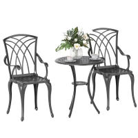 Outsunny 3 Pieces Garden Dining Set for 2, Cast Aluminium Outdoor Dining Set with 2 Armchairs and Round Dining Table with Parasol Hole, Garden Furniture Bistro Set, Brown(m-10)