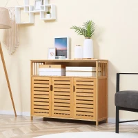 HOMCOM Aparador para Salón de Bambú con 3 Puertas Ranuradas Estantes para Comedor Cocina Entrada Natural 100x35x82 cm(m-10)