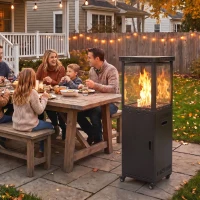 Outsunny Estufa de Gas para Terraza 13 kW con Encendido Piezoeléctrico Antivuelco 4 Ruedas Vidrio Templado Piedras de Lava Negro(m-10)