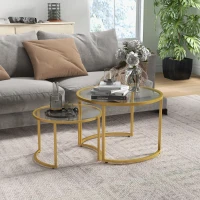 HOMCOM Lot de 2 tables basses gigognes rondes plateau verre trempé et pied en acier au carbone doré(m-2)