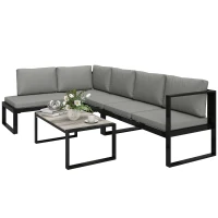 Outsunny 4 Piece Garden Furniture Set, Garden Sofa Set with 2 Loveseats, Armless Chair, Coffee Table for Balcony, Dark Grey(m-10)