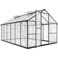 Outsunny Serre de jardin en aluminium polycarbonate, serre avec fenêtres supérieures réglables 363x247x205cm noir(m-1)