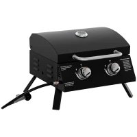 Outsunny 2 Burner Gas BBQ Grill, 5.8 kW Outdoor Portable Folding Tabletop Barbecue w/ Lid, Thermometer, Carbon Steel, Black(m-1)