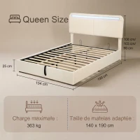 HOMCOM Cama Baú 140 x 190 cm, LED RGB, Cabeceira Regulável, Estrado de Cama Duplo Estofado em Veludo, Armazenamento Hidráulico, Creme(m-3)