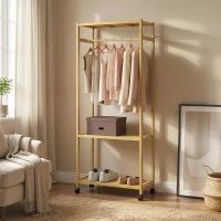HOMCOM Stand Appendiabiti da Terra con Barra, Ripiani e 4 Ruote in Bambù, 70x35x175 cm, Legno Naturale(m-5)