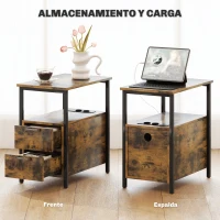 HOMCOM Mesa Auxiliar con Estación de Carga y Toma de Corriente Mesita de Noche con Cajones y Estantería Abierta Marrón Rústico(m-4)