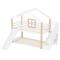 Modern Minimalist Kids Bunk Bed with Slide and Storage Stairs, Solid Wood House Bed for Siblings and Sleepovers, 194L x 90W x 206H cm, White(m-2)