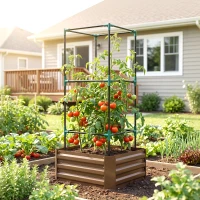 Outsunny Hochbeet mit Rankgitter Pflankasten mit Rankhilfe, offener Boden, wetterbeständig, 61 cm x 61 cm x 140 cm, Braun(m-2)