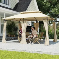 Outsunny Cenador de Jardín de 4x3 m con Doble Techo Paredes Laterales Resistente al Agua para Exterior Terraza Beige(m-10)