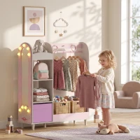 AIYAPLAY Kids Clothing Rack, Kids Wardrobe with Glowing Lights Mirror, Non-Woven Drawer and Shelves for Bedroom, Ages 3-8, Pink(m-2)