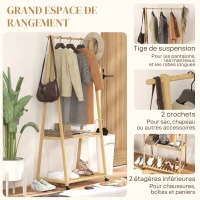 HOMCOM Portant à vêtement portemanteau en bambou sur roulettes avec 2 étagères et 2 crochets, pour entrée, chambre(m-4)