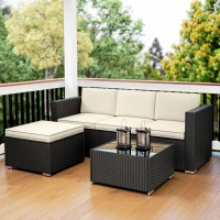 Outsunny 3 Pieces Garden Furniture Set w/ Cushions, PE Rattan Wicker Conversation Corner Sofa Set(m-9)