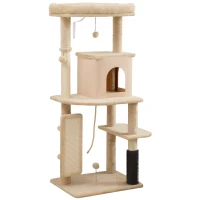 PawHut Albero per Gatti Multilivello Alto 132 cm con Casetta, Lettino, Pali Tiragraffi, Spazzola e Pallina, Beige(m-12)