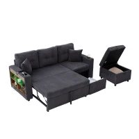 Modern Corduroy Sofa Bed with Pull-Out Bed, Storage and LED Lighting, Plush Sleeper Couch for Living Rooms, 196L × 82W × 85H cm, Dark Gray(m-19)