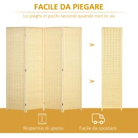 HOMCOM Paravento da Interno a 4 Ante Pieghevole in Legno e Bambù Altezza 180cm, Colore Naturale(m-6)