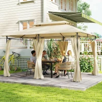 Outsunny Cenador de Jardín de 4x3 m con Doble Techo Paredes Laterales Resistente al Agua para Exterior Terraza Beige(m-2)