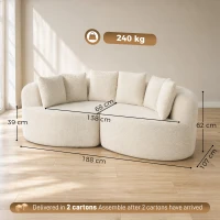 HOMCOM Canapea 3 locuri curbată din chenille 188 cm, canapea pentru living cu șezut adânc, 6 perne, umplutură groasă, crem(m-3)
