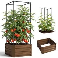 Outsunny Hochbeet mit Rankgitter Pflankasten mit Rankhilfe, offener Boden, wetterbeständig, 61 cm x 61 cm x 140 cm, Braun(m-12)