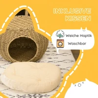 PawHut Katzenkorb Rattan zweistöckig Katzenbett Katzenkörbchen mit Kissen Vordertür  für Katze unter 3,5 kg Ø40 x 30 cm(m-6)