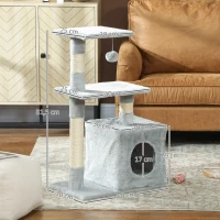 PawHut Tiragraffi per Gatti con Casetta, 2 Piattaforme e Pallina, in Legno, Sisal e Peluche, 50x30x81.5 cm, Grigio(m-3)