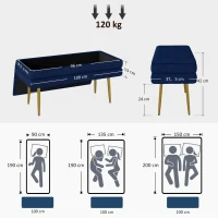 HOMCOM Banc banquette coffre de rangement 2 en 1 assise aspect velours et pieds acier - 100 x 37,5 x 42 cm bleu et doré(m-3)