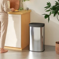 HOMCOM Poubelle cuisine automatique 55L en acier inoxydable, poubelle à couvercle à fermeture en douceur, 38x28,5x69cm, argent(m-10)