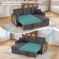 Modern Corduroy Sofa Bed with Pull-Out Bed, Storage and LED Lighting, Plush Sleeper Couch for Living Rooms, 196L × 82W × 85H cm, Dark Gray(m-5)