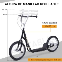 HOMCOM Patinete Scooter para Niños de +5 Años con Neumáticos Inflables Grandes de 16 Pulgadas con Frenos y Manillar Ajustable en Altura 143x58x92-100 cm Negro(m-4)