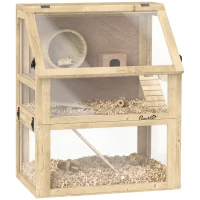 PawHut Cage Hamster Rongeur à 3 Niveaux, Fond Amovible, Cabane, Balançoire, 60x40x75cm, Finition Bois Naturel(m-12)