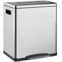 HOMCOM Bidone Immondizia a 2 Sezioni da 15L a Pedale con Coperchio Silenzioso, in Acciaio Inox e PP, 40x34.8x47.5 cm(m-1)