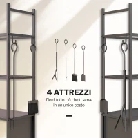 Outsunny Porta Legna per Interni ed Esterni con Ruote e 4 Utensili, Pala, Attizzatoio, Spazzola e Pinze, Legnaia in Metallo, 45x30x118 cm, Nero(m-6)