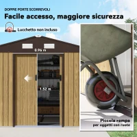 Outsunny Casetta da Giardino 4.9m² in Acciaio con Doppia Porta Scorrevole e Tetto Inclinato, Marrone Chiaro(m-4)