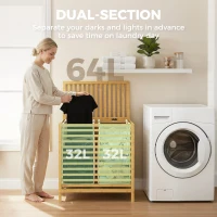 HOMCOM Bamboo Laundry Basket with Lid, 2 Baskets, Foldable, 64L, Natural and Cream White(m-4)