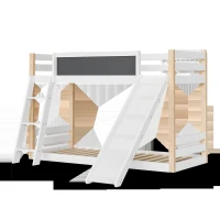Modern High Sleeper Bunk Bed Frame with Slide and Storage Stairs, Solid Wooden Childrens Loft Bed with Safety Guardrails, 194L x 124W x 148H cm, White(m-11)