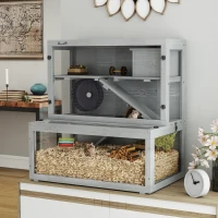 PawHut Cage Hamster en Bois, 3 Niveaux avec Cabane, Roue, Rampes, Panneau Transparent, Espaces Séparés, 80x50x84cm, Gris(m-11)