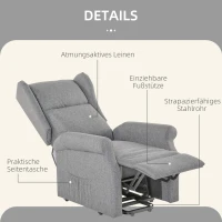 HOMCOM Relaxsessel, Aufstehhilfe, Liegefunktion, bis 200kg, 72,5x94x109cm, Grau(m-4)