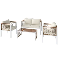 Outsunny 4 Piece Rattan Garden Furniture Set with Loveseat, 2 Armchairs, Table, Metal Frame Patio Conversation Set, Cream White(m-15)